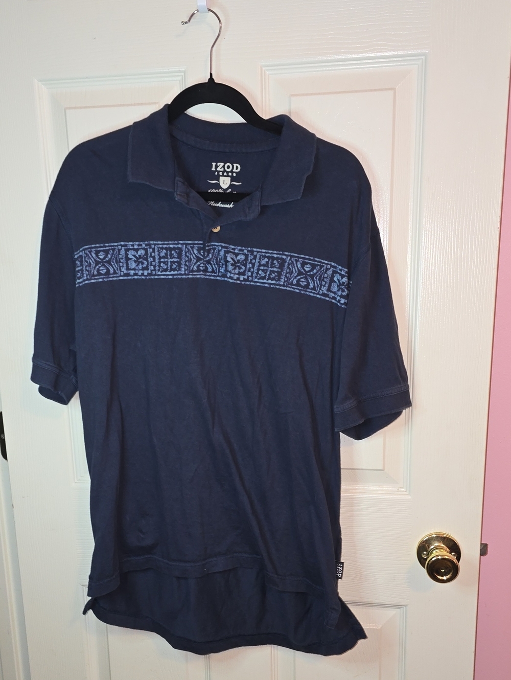 Izod Navy Polo with Light Blue Geometric Chest Stripe